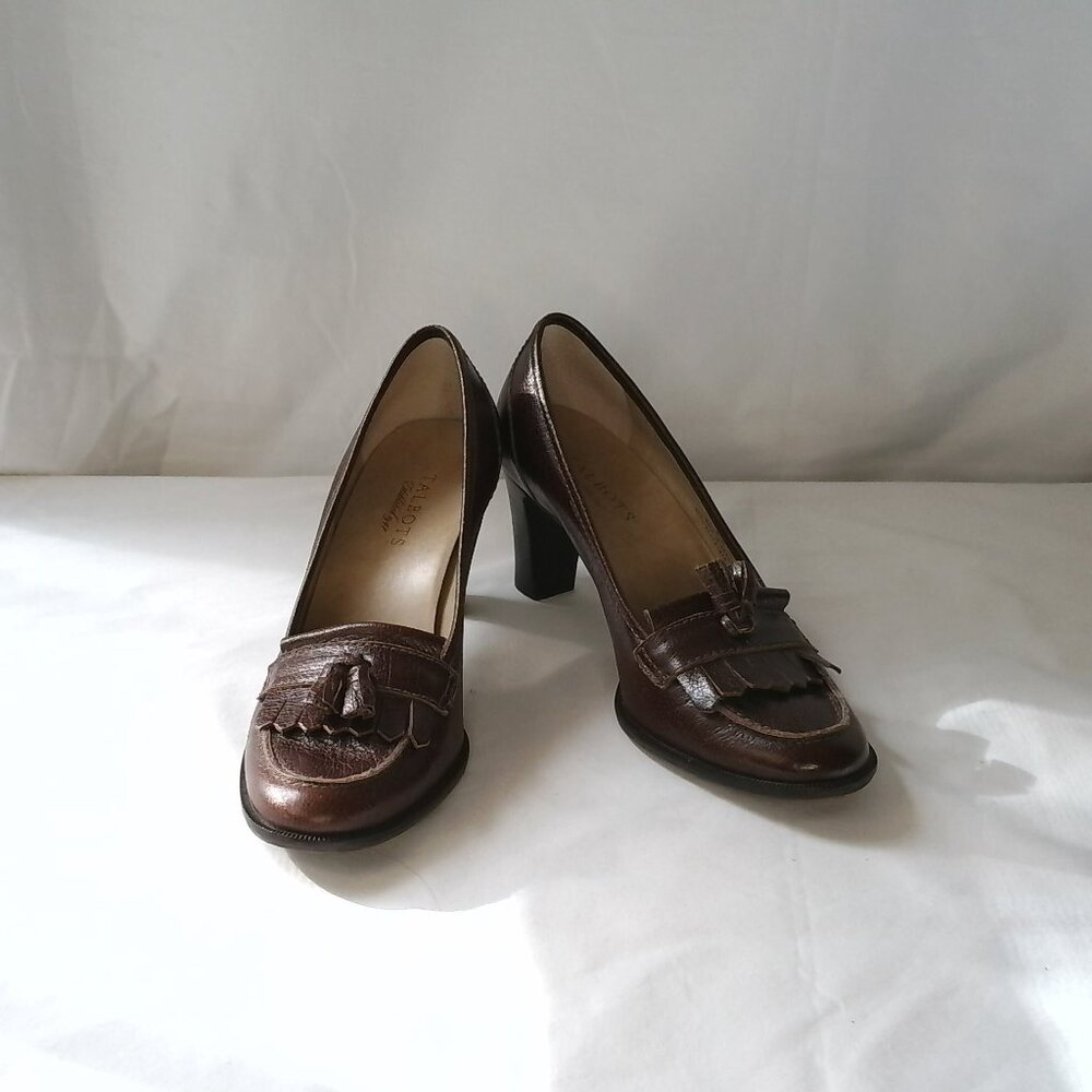 Talbots brown leather tassel block heel pump loafers size 8.5